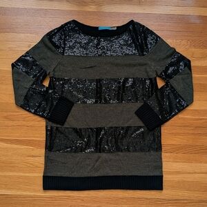 alice + olivia 100% wool sequin and green striped pullover sweater, size L